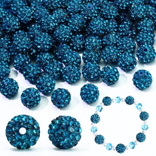 110 Stück 10 mm Strassperlen zur Schmuckherstellung, runde Modelliermasse-Kristallperlen zum Basteln, für Armbänder, Halsketten, Ohrringe, ausgefallene Shamballa-Discokugel-Diamantperlen, Pfauenblau von LOSKOSSLTDD1