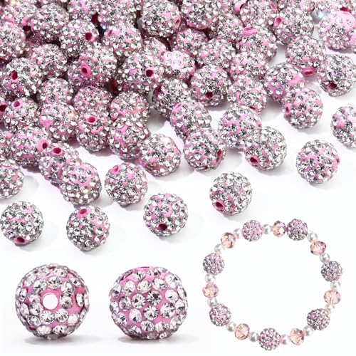 110 Stück 10 mm Strassperlen zur Schmuckherstellung, runde Modelliermasse-Kristallperlen zum Basteln, für Armbänder, Halsketten, Ohrringe, ausgefallene Shamballa-Pavé-Discokugel-Diamantperlen, Rosa von LOSKOSSLTDD1