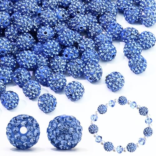 110 Stück 10 mm Strassperlen zur Schmuckherstellung, runde Polymer-Strass-Ton-Perlen zum Basteln, für Armbänder, Baseball-Halsketten, ausgefallene Shamballa-Discokugel-Diamantperlen, Hellblau von LOSKOSSLTDD1