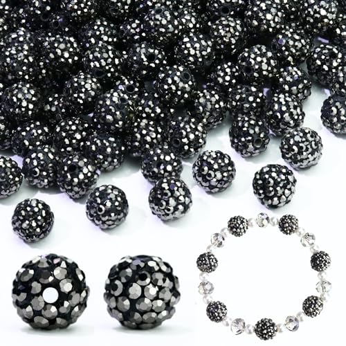 110 Stück 10 mm Strassperlen zur Schmuckherstellung, runde Polymer-Ton-Kristallperlen zum Basteln, für Armbänder, Halsketten, Ohrringe, ausgefallene Shamballa-Discokugel-Diamantperlen, Jet Hematit von LOSKOSSLTDD1