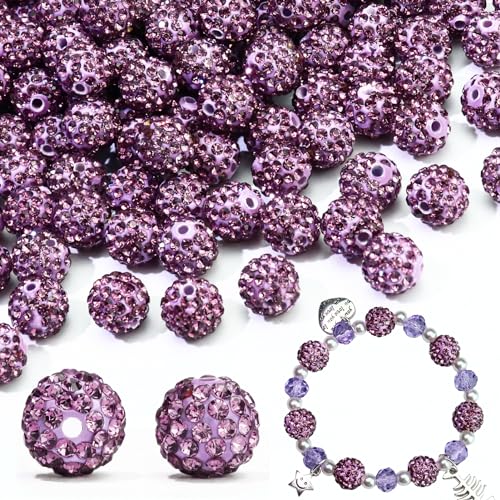 110 Stück 10 mm hellviolette Strassperlen zur Schmuckherstellung, runde Modelliermasse-Kristallperlen zum Basteln, für Armbänder, Halsketten, Ohrringe, ausgefallene Shamballa-Pavé-Disco-Diamant-Perlen von LOSKOSSLTDD1