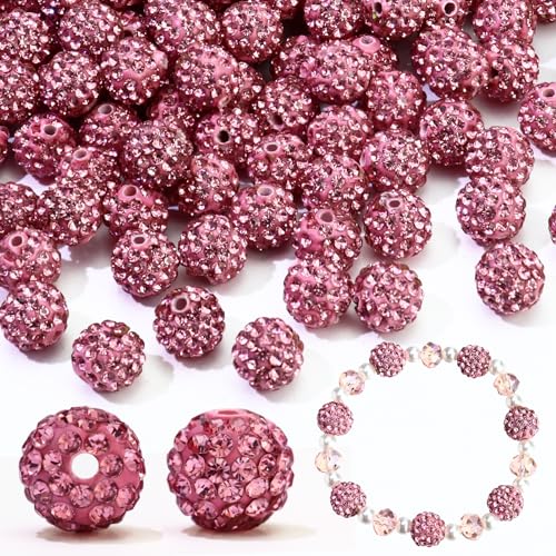 110 Stück 10 mm rosa Strassperlen für Schmuckherstellung, runde Strass-Ton-Perlen zum Basteln, Armband, Baseball-Halskette, Perlenstift, Polymer-Shamballa-Pavé-Fassung, Discokugel-Diamantperlen von LOSKOSSLTDD1