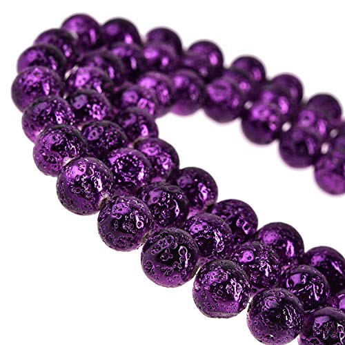 Lava-Perlen, natürlich, lila, metallisch, Titanbeschichtung, Lavastein, Vulkansteinperlen für Schmuckherstellung, runde lose Abstandshalter, 8 mm, violette Edelsteine, 38,1 cm pro Strang von LOSKOSSLTDD1