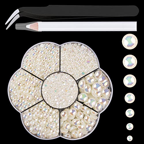 Nagelkunst-Perlenset mit flacher Rückseite, halbrund, 1 Box mit 2400 Stück, flache Rückseite, Beige, AB-Perle mit Pinzette und Picker-Bleistift für Zuhause, DIY, Nägel, Körper, Gesicht, Handwerk und von LOSKOSSLTDD1