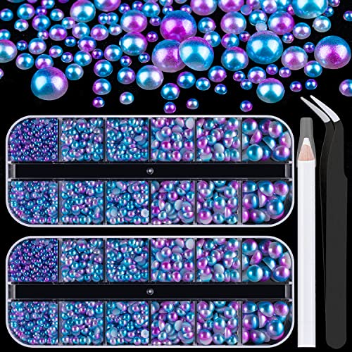Perlenset mit flacher Rückseite, 2 Boxen mit flacher Rückseite, blaue Meerjungfrau-Perlen, halbrunde Perlen mit Tonabnehmer und Pinzette, für Heimwerker zu Hause und professionelle Nagelkunst, von LOSKOSSLTDD1