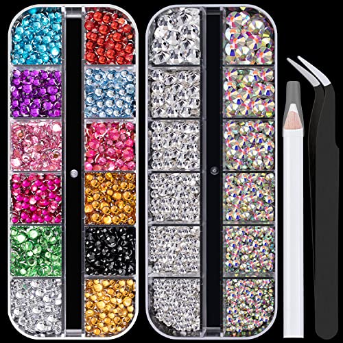 Strass-Set mit flacher Rückseite, bunte Strasssteine + Kristall-AB-Kristalle, transparente weiße Edelsteine mit Picker-Bleistift und Pinzette, für Heimwerker und professionelle Nagelkunst von LOSKOSSLTDD1