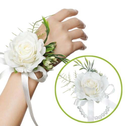 LOUKEKE 10 Stück Corsage-Armband, Blumen-Armband, künstliche Rosen, Perlen-Armband für Braut, Brautjungfer, Hochzeit, Abschlussball, Heimkehr von LOUKEKE