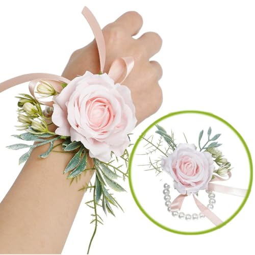 LOUKEKE 10 Stück Corsage-Armband, Blumen-Armband, künstliche Rosen, Perlen-Armband für Braut, Brautjungfer, Hochzeit, Abschlussball, Heimkehr von LOUKEKE