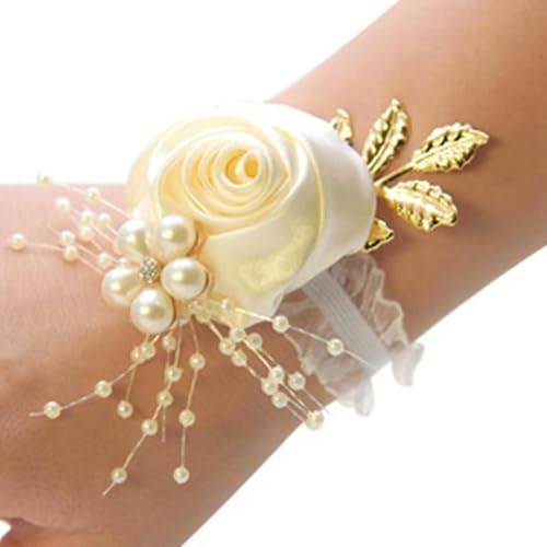 LOUKEKE 10 Stücke Brautjungfer Faux Rose Armband Hochzeit Handgelenk Polyester Band Perle Bogen Braut Hand Blumen Party Zubehör von LOUKEKE