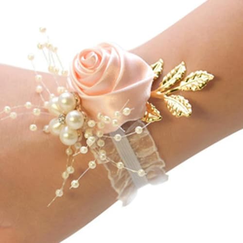 LOUKEKE 10 Stücke Brautjungfer Faux Rose Armband Hochzeit Handgelenk Polyester Band Perle Bogen Braut Hand Blumen Party Zubehör von LOUKEKE