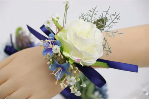 LOUKEKE 5 Stücke Weiße Rosen Blaues Band Handgelenk Corsage Hochzeit Boutonnieres Tulpe Armband Blumen Bräutigam Mann Anzug Knopfloch Brosche Pins Ehe von LOUKEKE