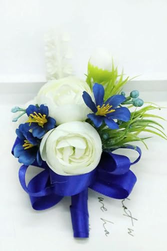 LOUKEKE 5 Stücke Weiße Rosen Blaues Band Handgelenk Corsage Hochzeit Boutonnieres Tulpe Armband Blumen Bräutigam Mann Anzug Knopfloch Brosche Pins Ehe von LOUKEKE