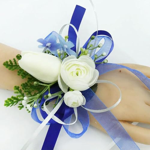 LOUKEKE 5 Stücke Weiße Rosen Blaues Band Handgelenk Corsage Hochzeit Boutonnieres Tulpe Armband Blumen Bräutigam Mann Anzug Knopfloch Brosche Pins Ehe von LOUKEKE