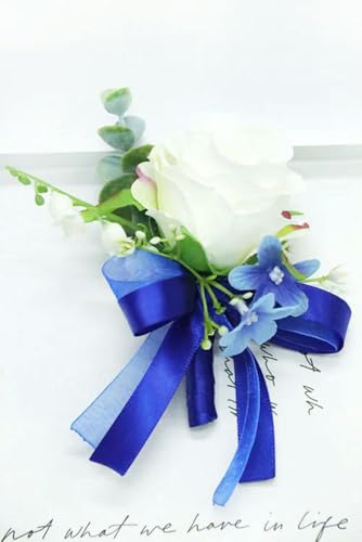 LOUKEKE 5 Stücke Weiße Rosen Blaues Band Handgelenk Corsage Hochzeit Boutonnieres Tulpe Armband Blumen Bräutigam Mann Anzug Knopfloch Brosche Pins Ehe von LOUKEKE