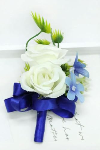 LOUKEKE 5 Stücke Weiße Rosen Blaues Band Handgelenk Corsage Hochzeit Boutonnieres Tulpe Armband Blumen Bräutigam Mann Anzug Knopfloch Brosche Pins Ehe von LOUKEKE