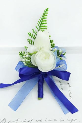 LOUKEKE 5 Stücke Weiße Rosen Blaues Band Handgelenk Corsage Hochzeit Boutonnieres Tulpe Armband Blumen Bräutigam Mann Anzug Knopfloch Brosche Pins Ehe von LOUKEKE