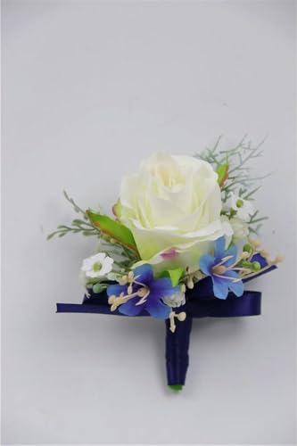 LOUKEKE 5 Stücke Weiße Rosen Blaues Band Handgelenk Corsage Hochzeit Boutonnieres Tulpe Armband Blumen Bräutigam Mann Anzug Knopfloch Brosche Pins Ehe von LOUKEKE