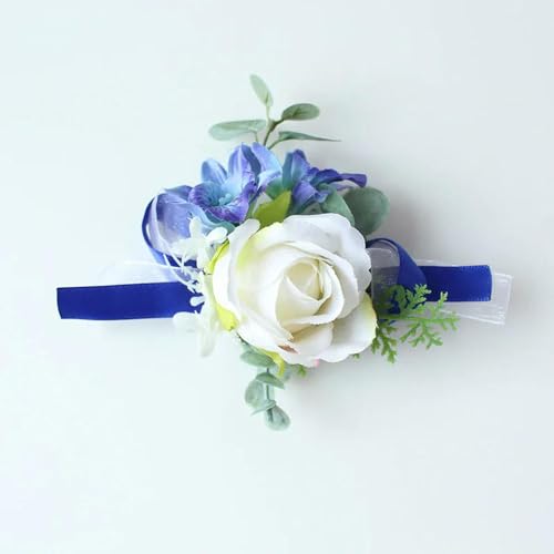 LOUKEKE 5 Stücke Weiße Rosen Blaues Band Handgelenk Corsage Hochzeit Boutonnieres Tulpe Armband Blumen Bräutigam Mann Anzug Knopfloch Brosche Pins Ehe von LOUKEKE