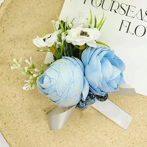 LOUKEKE STÜCKE Seidenrosen Handgelenk Corsage Armbänder Hochzeit Boutonnieres Brautjungfer Bräutigam Weiß Blau Hand Blumen Ehe Abschlussball Zubehör von LOUKEKE