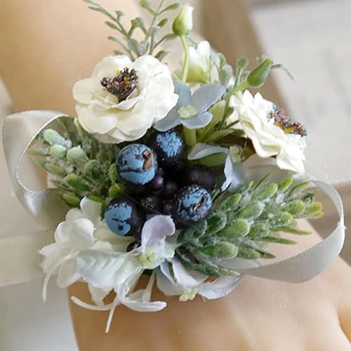 LOUKEKE STÜCKE Seidenrosen Handgelenk Corsage Armbänder Hochzeit Boutonnieres Brautjungfer Bräutigam Weiß Blau Hand Blumen Ehe Abschlussball Zubehör von LOUKEKE