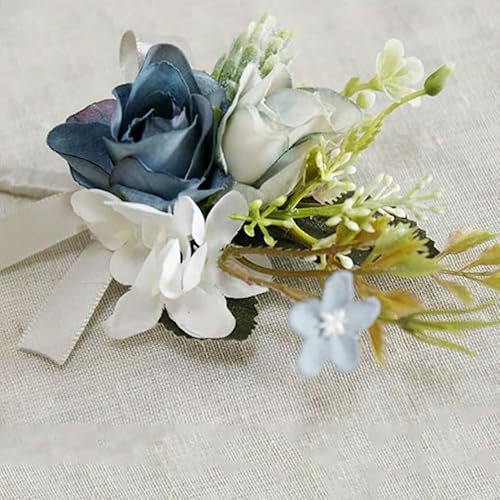 LOUKEKE STÜCKE Seidenrosen Handgelenk Corsage Armbänder Hochzeit Boutonnieres Brautjungfer Bräutigam Weiß Blau Hand Blumen Ehe Abschlussball Zubehör von LOUKEKE