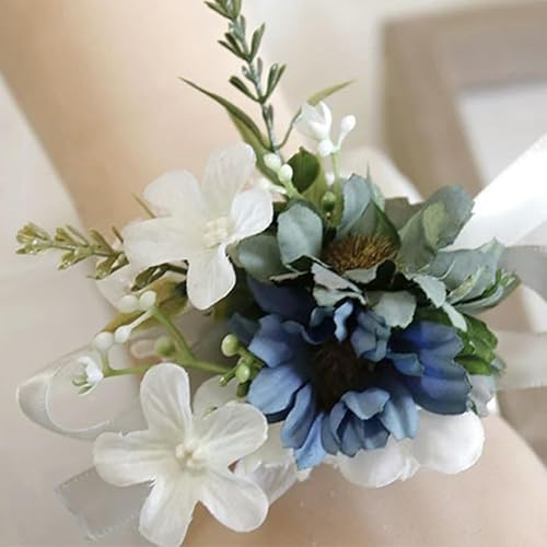 LOUKEKE STÜCKE Seidenrosen Handgelenk Corsage Armbänder Hochzeit Boutonnieres Brautjungfer Bräutigam Weiß Blau Hand Blumen Ehe Abschlussball Zubehör von LOUKEKE