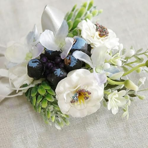 LOUKEKE STÜCKE Seidenrosen Handgelenk Corsage Armbänder Hochzeit Boutonnieres Brautjungfer Bräutigam Weiß Blau Hand Blumen Ehe Abschlussball Zubehör von LOUKEKE