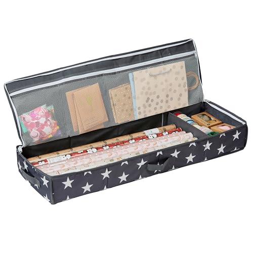 LOVE IT STORE IT Tasche für Geschenkpapier Aufbewahrung - Hochwertiger Geschenkpapier Organizer - Mit Fächern für Geschenkbänder - Grau mit Sternen - 90x30x12 cm von LOVE !T STORE !T