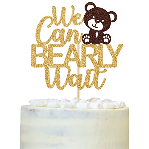 We Can Bearly Wait Cake Topper, Willkommen Baby Bär, Oh Baby Kuchen Dekorationen, für Baby Jungen Mädchen Geschlecht offenbarung Babyparty Party Dekorationen Gold und Braun Glitzer von LOVELY BITON