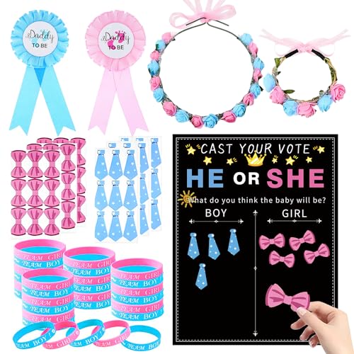 Gender Reveal Party Deko Set 83 PCS, Gender Reveal Spiele, Gender Reveal Decorations mit Boy or Girl Armbänder, Abstimmung Poster, Blumenkopfschmuck, Blumenarmband, Offenbaren Stickers, Abzeichen von LOVEXIU