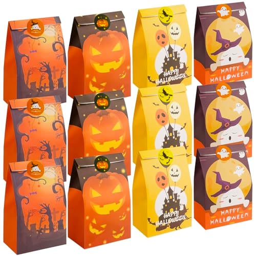 LOVEXIU Halloween Papiertüten, 12 pcs Halloween Geschenktüten, Papier Partytüten Set, Halloween Süßigkeiten Tüten, Halloween Papiertaschen mit 18 Aufklebern für Halloween Dekorationen Supplies von LOVEXIU