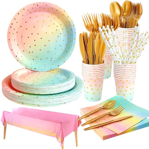 161 Stück Partygeschirr Kindergeburtstag, Regenbogen Partyzubehör Pappteller Set, Wiederverwendbar Papier Geschirr Set mit Teller Becher Servietten Strohhalme Holz Gabellöffel - 20 Gäste von LOVICVKEM