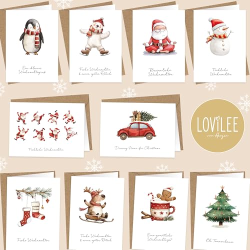 LOViLEE® 10x Weihnachtskarten inkl. extra Umschläge & Sticker im Geschenkset - hochwertige Klappkarten zu Weihnachten - Weihnachtskarten mit Umschlag Set in premium Qualität - Classic Aquarell von LOViLEE