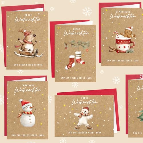 LOViLEE® Weihnachtskarten inkl. extra Umschläge & Sticker im 10er Geschenkset - hochwertige Klappkarten zu Weihnachten - Weihnachtskarten mit Umschlag Set - Kraftpapier Aquarell von LOViLEE