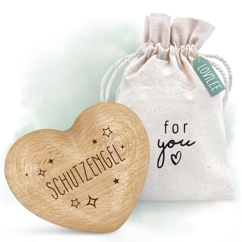 LOViLEE® Handschmeichler, Schutzengel – Holz-Herz inkl. extra Geschenkbeutel und Grußkartenset – Glücksbringer, Glücksstein, Geschenk und Mutmacher für Familie und Freunde von LOViLEE