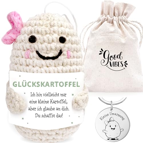 LOViLEE® Positive Kartoffel Gitti“ im Geschenkset - Glückskartoffel inkl. Geschenkbeutel & Pocket Hug - Positive Potato, Glücksbringer Prüfung, Mutmacher Geschenk, Du schaffst das Geschenk von LOViLEE