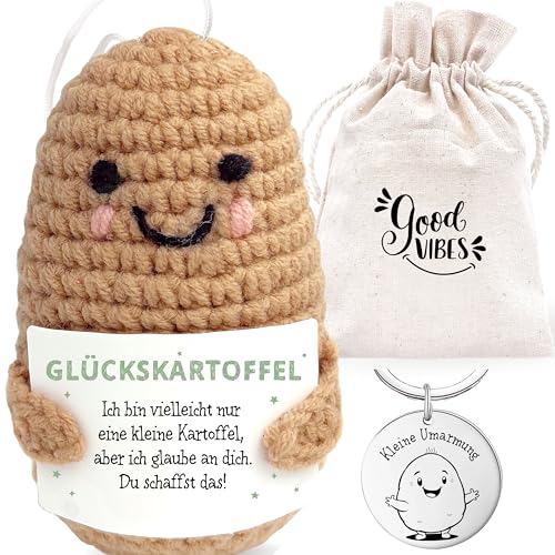 LOViLEE® Positive Kartoffel Günni im Geschenkset - Glückskartoffel inkl. Geschenkbeutel & Pocket Hug - Positive Potato, Glücksbringer Prüfung, Mutmacher Geschenk, Du schaffst das Geschenk von LOViLEE