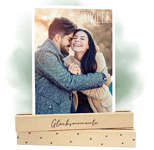 LOViLEE® Kartenhalter Holz im 2er Set, Glücksmomente – Kartenständer inkl. extra Postkarten Download – Deko, Tischkartenhalter, Fotohalter und Foto Geschenk für Familie & Freunde von LOViLEE