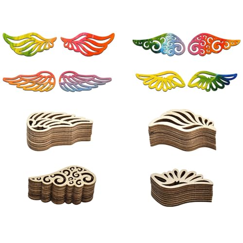 LPAMABA 120 Stück 4 Stile Natur Holzscheiben Engelsflügel Holz Ausschnitte Angel Wing Holzausschnitte Engelsflügel Holz Streudeko Holz Verzierung für DIY zum Basteln Handwerk Hochzeit Geburtztag von LPAMABA