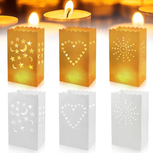 LPAMABA 30 Stück Lichttüten Papier Lichtertüten Candle Bags Papier Tüten für Teelichter Kerzentüten mit Muster Licht Taschen für Weihnachten Taufe Geburtstag Kommunion Tischdeko Weiß 26x15x9cm von LPAMABA