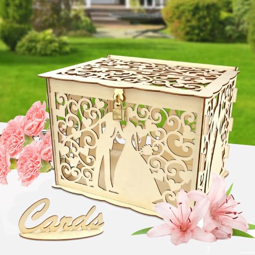 LPAMABA Hochzeit Geschenkkarten Box Kartenbox Holz Hochzeit Wedding Card Box Hochzeitskartenbox Vintage Hochzeitsbox Geschenkkartenbox Briefbox Geldbox mit Schloss Kartenzeichen für Geburtstag von LPAMABA