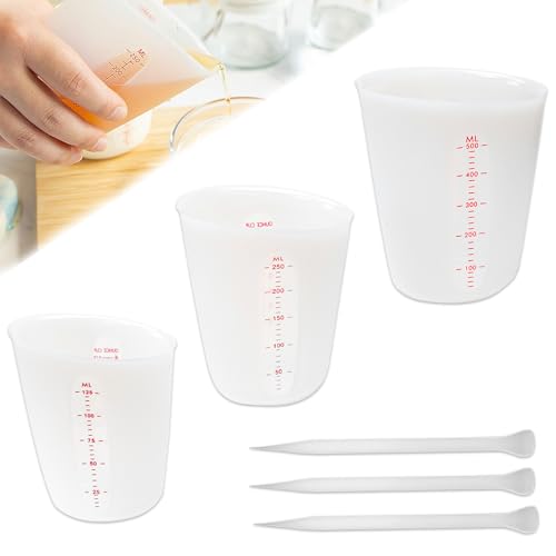 LPAMABA Messbecher Silikon,125/250/500/Ml Silikon Becher Set,Weiss Mischbecher mit 3 Rührstäbe Silicone Measuring Cups mit Skala Silikonbecher Farbmischbecher für Backen Gießpulver von LPAMABA