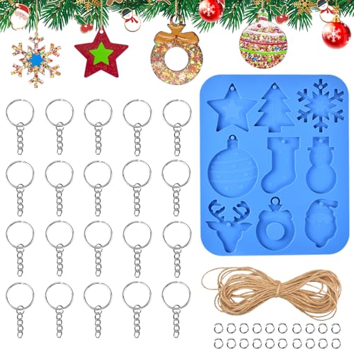 LPAMABA Resin Silikonform Weihnachten Silikon Gießform Epoxidharz Silikonform Weihnachten Harz Resin Formen Silikon Charms Anhänger Schneeflocke Weihnachtsbaum mit Schlüsselbund Knöpfe Hanfseil von LPAMABA