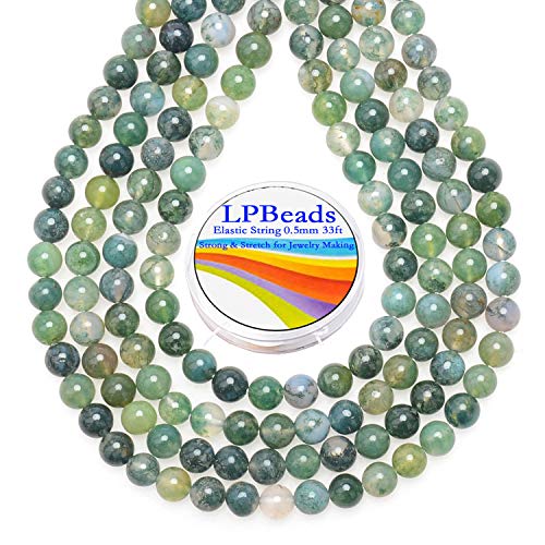 LPBeads 200 Stück polierte 6 mm runde natürliche Moosachat-Edelstein-Perlen mit dehnbarer Schnur zur Schmuckherstellung von Armbändern von LPBeads