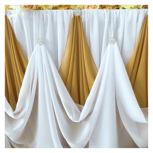 LPHFDCS Tisch Rock FüR Party Gold White Chiffon Table Skirt with Diamond Brooch, Wedding Party Decor, Design, 10 ftx30 inch, 1 Pc Tischrock(White and Gold) von LPHFDCS