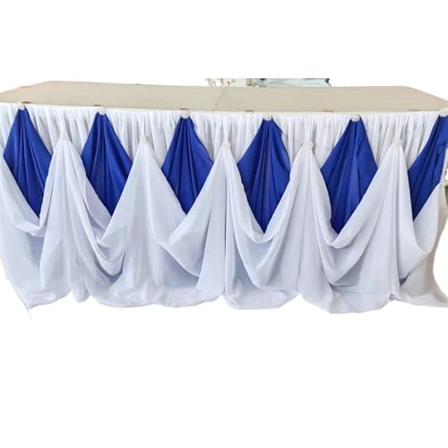 LPHFDCS Tisch Rock FüR Party Gold White Chiffon Table Skirt with Diamond Brooch, Wedding Party Decor, Design, 10 ftx30 inch, 1 Pc Tischrock(White and Royal Blue) von LPHFDCS