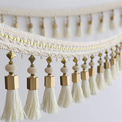 Dekorativer Fransenbesatz for Nähen und Basteln, Fransenbesatz, 2 Meter Quasten-Fransenkantenbesatz for DIY-Vorhänge, Tischdekoration, Stoffbandbesatz (blau)(Beige) von LPLPL