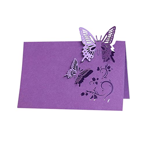 Tischkarten, 100 Stück, Tischkarten, Namenskarten, ausgehöhlte Zeltkarten mit Schmetterlingsmuster, for Blumenstrauß, Dekoration, Metting, Partyzubehör, Rot(Purple) von LPLPL