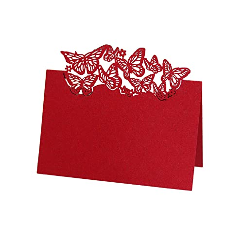 Tischkarten, 100 Stück, Tischkarten mit Schmetterlingsmuster, gefaltete Namenskarte, hohle Zeltkarte for Party, Blumenstrauß, Hochzeitsdekoration, Rot(Red) von LPLPL