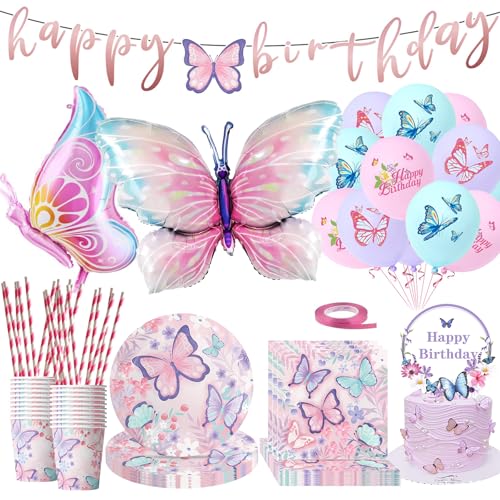 LPZMPZ Schmetterling Deko Geburtstag 100 Stück Schmetterling Partygeschirr Set Geburtstagsdeko Schmetterling Mädchen mit Cake Topper Luftballons Tischdecken Tassen Strohhalme Servietten von LPZMPZ